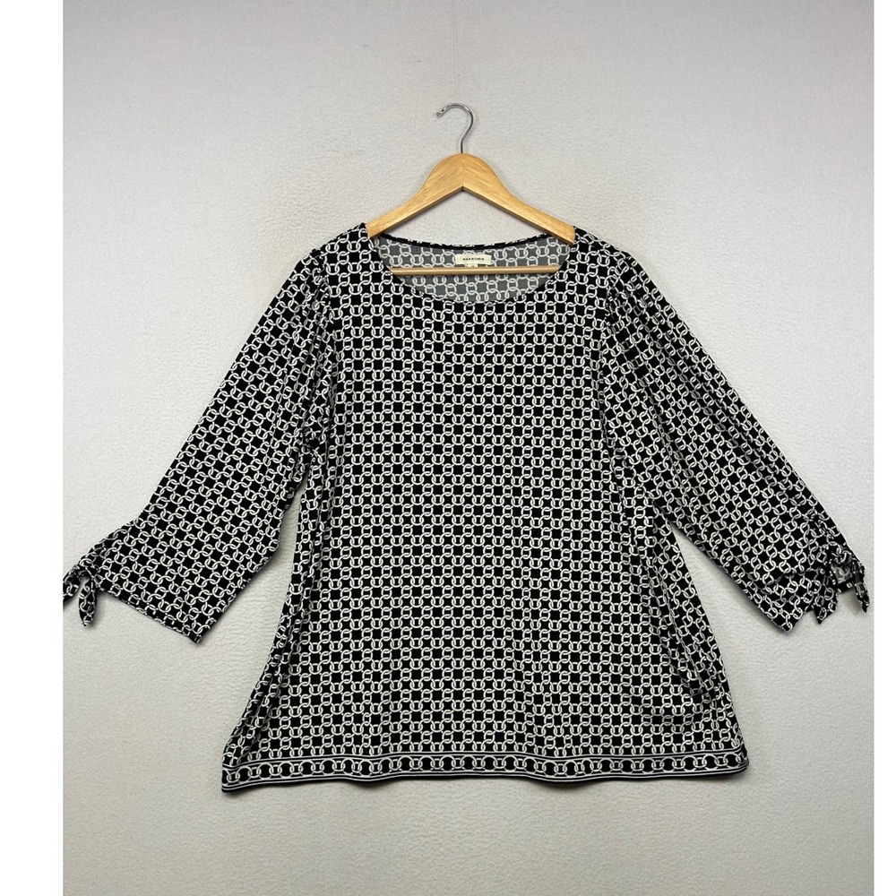 Geometric Mod Max Studio Womens 1X Black White Chain Link Tie Sleeve Blouse